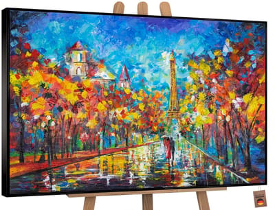 Canvas schilderij landschapsformaat handgeschilderd avond in Parijs Parijs nacht – YS-Art Gallery – Romantische wanddecoratie voor woonkamer – Modern schilderij voor slaapkamer en hal