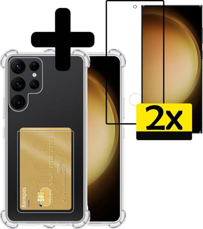 Hoesje - Geschikt voor Samsung Galaxy S23 Ultra - Met 2x Screenprotector - Pashouder - Kaarthouder - Telefoon Hoes Shockproof - Siliconen Case - Back Cover - Shock Proof - Pasjes Houder - Telefoonhoesjes - Transparant
