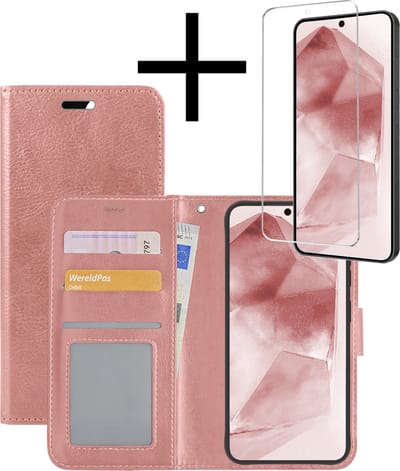 Hoesje - Met Screenprotector - Geschikt voor Samsung Galaxy A55 - Luxe Pasjeshouder - Bookcase Portemonee - Flip Case - Kunstleer Book Case - Flipcase - Book Cover - Walletcase - Portemonneehoes - Rosé goud