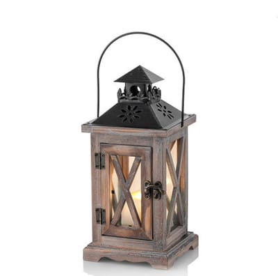 Kaarsenhouder Lantaarn Kaarsenhouder Vintage Lantaarn Houten Metalen Decoratieve Lantaarnhouder voor Buiten Landelijk Bruiloft Middelpunt Hangende Lamp Boerderij Binnen en Buiten Lantaarn Decoratie 28cm