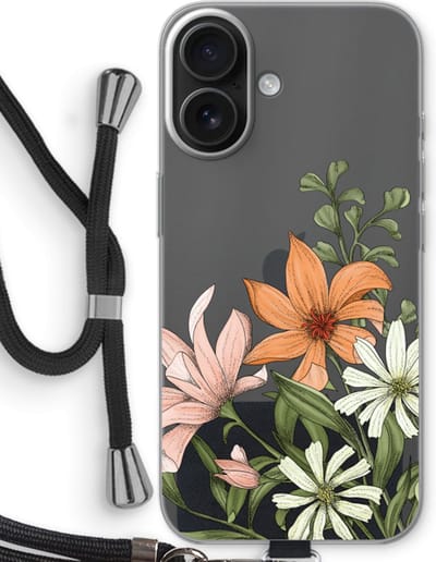 Case Company® - Hoesje met koord geschikt voor iPhone 16 hoesje met Koord - Floral bouquet - Telefoonhoesje met Zwart Koord - Bescherming aan alle Kanten en Over de Schermrand