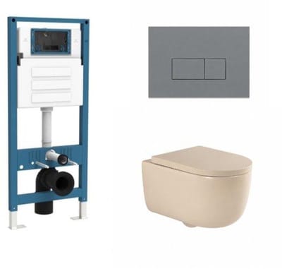 QeramiQ Dely Swirl Toiletset - inbouwreservoir Qeramiq Flush - 35mm zitting - kunststof licht grijze bedieningsplaat - rechthoekige knoppen - beige