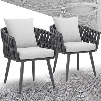 tectake® Set van 2 Tuinstoelen - Buiten Fauteuil in Rope Design - Tuinstoel met Armleuningen - Stoelen voor Buiten en Binnen - Loungestoel met Aluminium Frame - Incl. Dikke Kussens - Voor Tuin, Balkon - Terrasstoel - UV- en Weerbestendig - Antraciet
