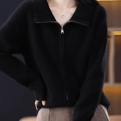 Cardigan Mis à Jour pour Femmes à Revers Fermeture Éclair Couleur Unie Veste Lâche Amincissante Pull Tricoté Cachemire Haute Qualité Pratique Usage Quotidien 2XL black