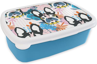 Broodtrommel Blauw - Lunchbox - Brooddoos - Patronen - Hond - Plant - Jongens - Meisjes - Kinderen - Kindje - 18x12x6 cm - Kinderen - Jongen