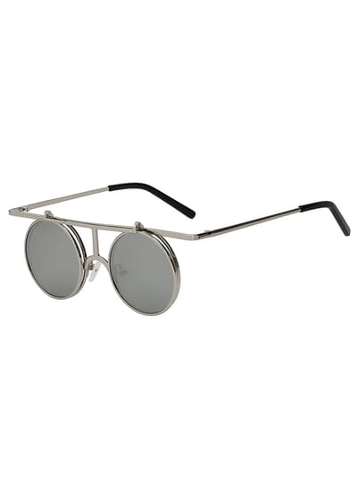 KIMU® Ronde Zonnebril Steampunk Flip Up - Zilver Montuur Rond - Zilveren Spiegelglazen - Vintage Retro Opklapbaar Festival
