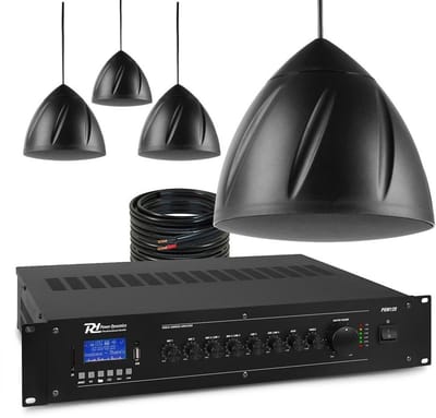 Power Dynamics 100V geluidsinstallatie met 4 hangende speakers en versterker - 120W - Zwart
