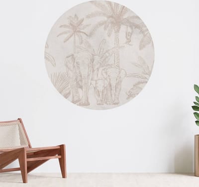 Muurcirkel zelfklevend behang - Olifanten taupe - Wanddecoratie - 080cm behangcirkel - Ronde sticker voor aan de muur - Behangsticker verkrijgbaar in verschillende formaten