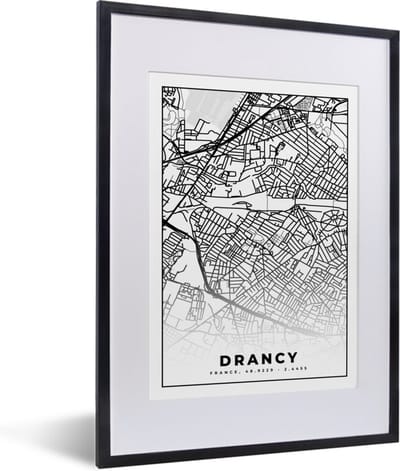 Fotolijst incl. Poster Zwart Wit- Kaart - Plattegrond - Drancy - Frankrijk - Stadskaart - Zwart wit - 30x40 cm - Posterlijst