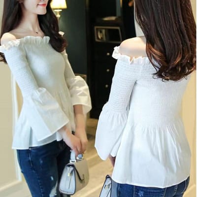 Schuine Hals Ruches Plooiingen Zwart Dames Blouse Off Shoulder Shirt Elastische Taille Lange Mouw Top Zoet Sexy Vlinder Mouw Zomer One Size wit