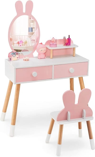 2-in-1 Kindermake-uptafel met Spiegel en Kruk - Roze Kaptafel voor Meisjes