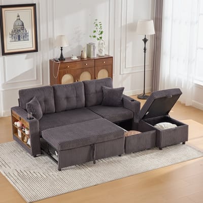 Multifunctionele Corduroy Bank met Opbergruimte en een Uitschuifbaar Bed, Slaapbank, Logeerbank, 3-Zits Bank, Inclusief USB-C-poort, Sfeerverlichting, Bekerhouders, Brede Armleuningen, Modern Design voor Woonkamer en Logeerkamer-Donkergrijs