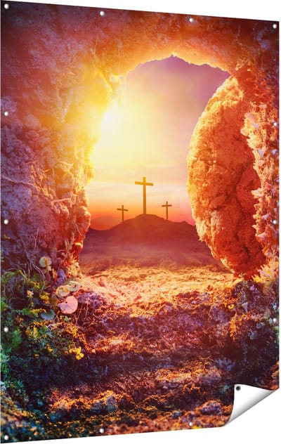 Gards Tuinposter Kruisiging bij Zonsopgang - Opstanding Jezus - 120x160 cm - Tuindoek - Tuindecoratie - Wanddecoratie buiten - Tuinschilderij