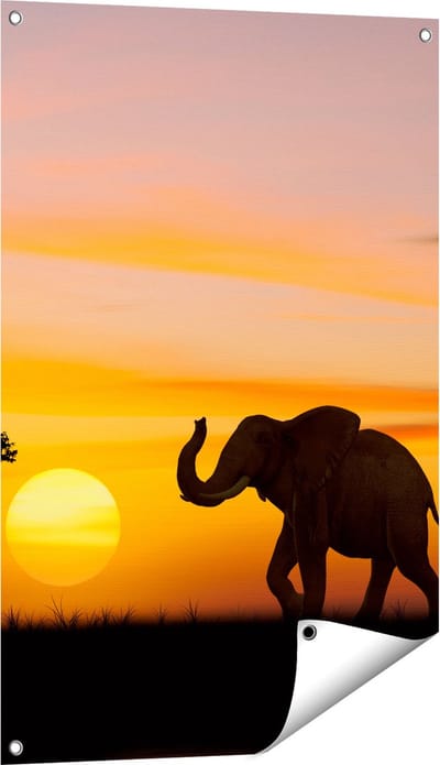Gards Tuinposter Olifant Silhouet tijdens Zonsondergang - 60x90 cm - Tuindoek - Tuindecoratie - Wanddecoratie buiten - Tuinschilderij
