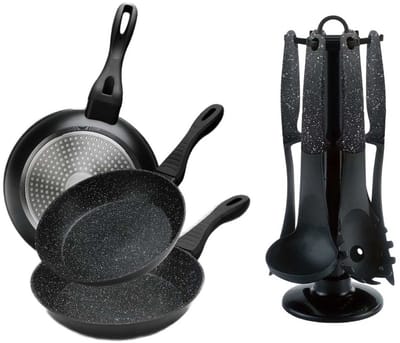 Cheffinger Koekenpannen - Set van 3 - Incl. Keukengerei Set - 7-delig - Zwart