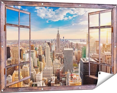 Gards Tuinposter Doorkijk New York Manhattan tijdens Zonsondergang - 120x80 cm - Tuindoek - Tuindecoratie - Wanddecoratie buiten - Tuinschilderij