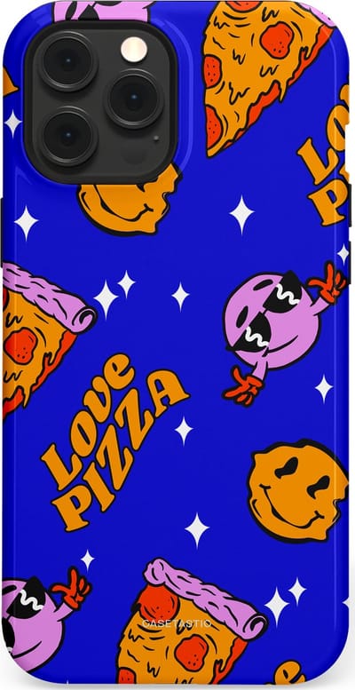 Casetastic hoesje geschikt voor Apple iPhone 12 Pro Max - MagSafe - Dubbellaagse bescherming - Funky Pizza - Fashion Case - Paars Okergeel Donkerblauw Bruin