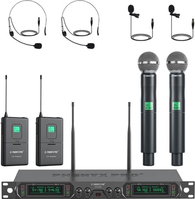 Professioneel 4-kanaals UHF Draadloos Microfoonsysteem met Handheld, Lavalier en Hoofdtelefoon Microfoons