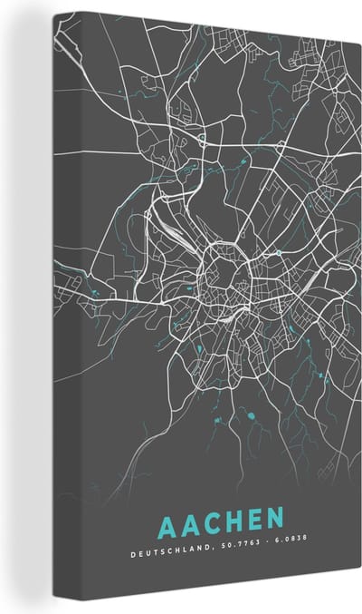 Canvas Schilderij Stadskaart – Aachen – Duitsland – Plattegrond – Kaart - 20x30 cm - Wanddecoratie