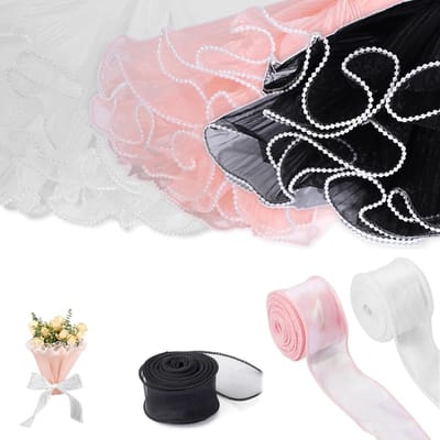 Inpakpapier met parelrand, Blumenstrauß Papier Set mit Perlenrand 3 Farben 12 Yards Blumenverpackung Papier und Satinband für Blumenstrauß Dekoration Hochzeit Geschenke 3 Rollen