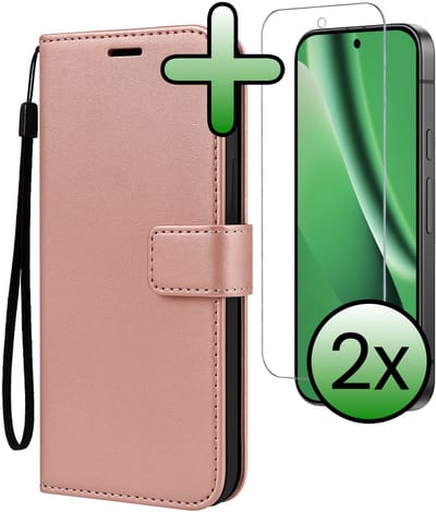 Hoesje Met 2x Screenprotector - Geschikt voor Google Pixel 10a - Luxe Pasjeshouder - Bookcase Portemonee - Flip Case - Kunstleer Book Case - Flipcase Hoes - Book Cover - Walletcase - Portemonneehoes - Rosé goud