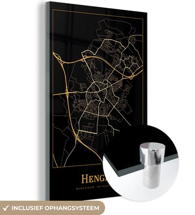 MuchoWow® Glasschilderij 40x60 cm - Schilderij acrylglas - Kaart - Hengelo - Goud - Zwart - Foto op glas - Schilderijen