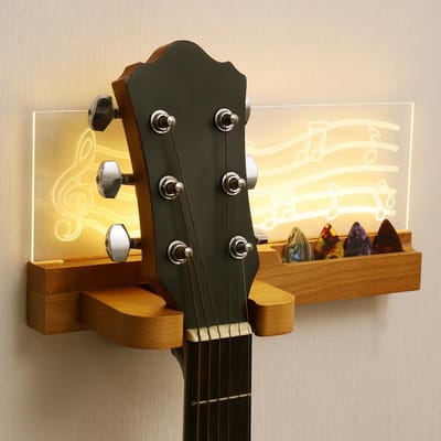 carmdering - Gitaar Wandbeugel - Gitaarhaak - Muurbeugel - Massief hout en acryl, stevig - Antislip plectrumhouder - LED-verlichting met notenpatroon - Geschikt voor klassieke, folk- en elektrische gitaren