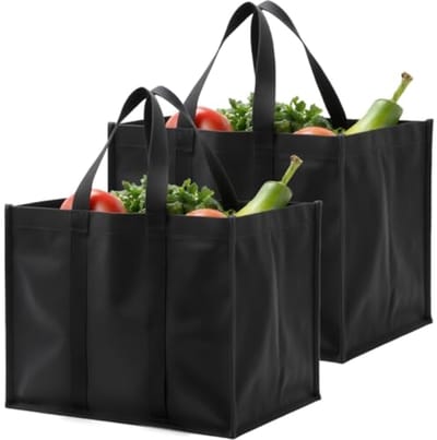 Arvion 2 stuks zwarte herbruikbare boodschappentassen - opvouwbaar, wasbaar, rechtopstaand, versterkte handgrepen, extra groot en duurzaam - 41x33x26 cm