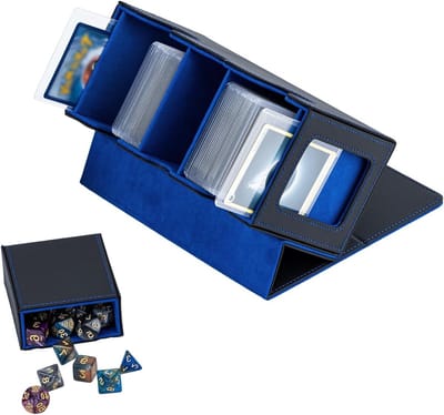 Deck Box voor TCG Kaarten met Dobbelstenen Compartment, 2 Zijramen en Magnetische Sluiting voor 200+ Kaarten, Blauw en Zwart