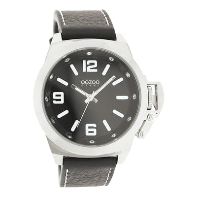 OOZOO Timepieces - Zilverkleurige horloge met zwarte leren band - OS136