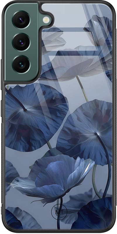 Hoesje geschikt voor Samsung Galaxy S22 - Dusky blooms - Hard Case Zwart Back Cover - Bloemen - Blauw - Mooie Telefoonhoesjes