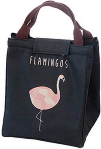 Winkrs - Lunchbag met isolatie - Zwarte lunchbag met flamingos - Koeltas voor lunch en broodtrommel.