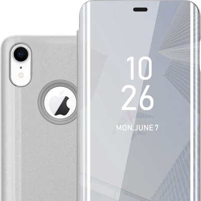 Cadorabo Hoesje geschikt voor Apple iPhone XR in AGAAT ZILVER - Clear View Spiegel Beschermende Case met Tribunefunctie 360 Graden Bescherming Book Case Cover Etui