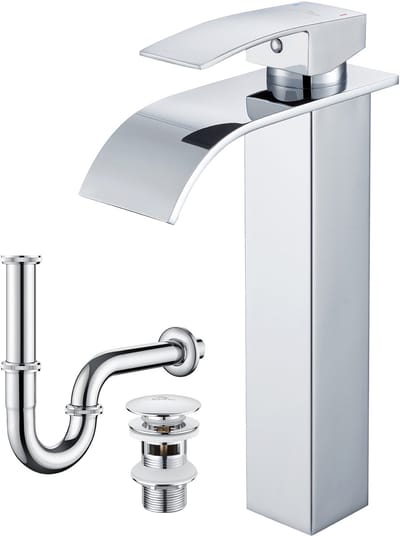 Auralum max Wastafelkraan - Hoge Uitloop - Waterfall Badkamerkraan - Mit Pop-up Afvoerplug en Bekersifon - Wastafel Mengkraan - Waterbesparend - Chroom - Warm en Koud