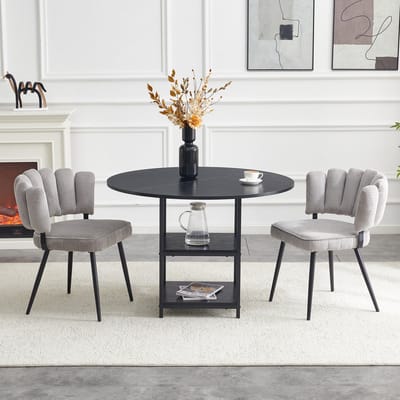 MIVRAY Eethoek Set 107 Cm - Ronde Tafel Met Opbergplanken En 2 Stoelen - Voor Kleine Woningen - Stof MDF Metaal - Zwart Grijs
