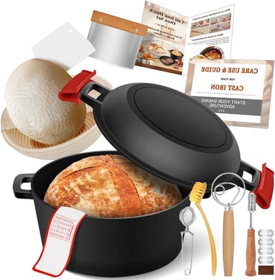 Thijox - Gietijzeren Pot Nederlandse Oven voor Brood Bakken, 5QT Zuurdesem Bakbenodigdheden, Banneton Brood Proofing Mand, 2-in-1 Kookpan met Deksel e