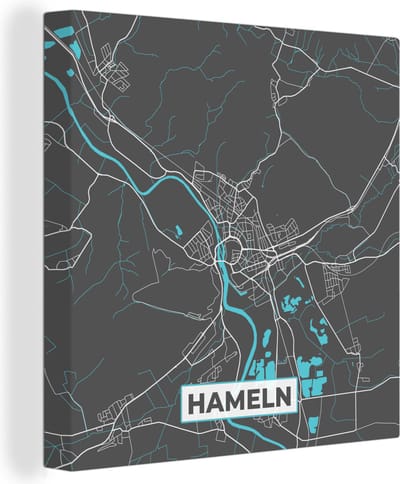 Canvas Schilderij Stadskaart – Plattegrond – Duitsland – Blauw – Hameln – Kaart - 20x20 cm - Wanddecoratie