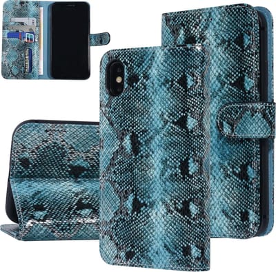UNIQ Accessory Zwart en Blauw Slangenleer hoesje voor iPhone Xs Max - Book Case