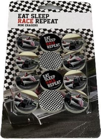 mini gummen met de tekst ''eat sleep race repeat'' - Zwart / Wit - 12 stuks