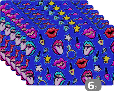 Placemat - Placemats kunststof - Patroon - Popart - Neon - Blauw - 45x30 cm - 6 stuks - Hittebestendig - Anti-Slip - Onderlegger - Afneembaar