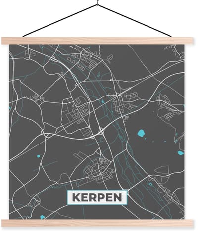 Posterhanger incl. Poster 40x40 cm - Schoolplaat - Duitsland – Blauw – Kerpen – Stadskaart – Kaart – Plattegrond - Textielposter - Blanke latten - Stadskaart