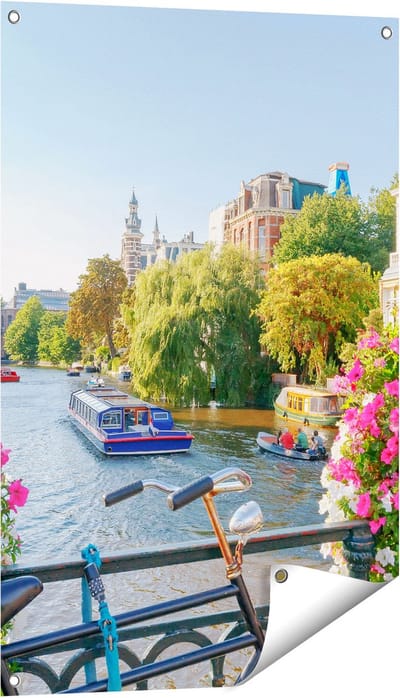 Gards Tuinposter Amsterdamse Kanaal met Bloemen - 60x90 cm - Tuindoek - Tuindecoratie - Wanddecoratie buiten - Tuinschilderij