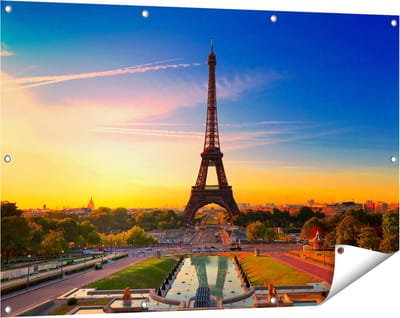 Gards Tuinposter Parijs Eiffeltoren tijdens de Zonsopkomst - 120x80 cm - Tuindoek - Tuindecoratie - Wanddecoratie buiten - Tuinschilderij