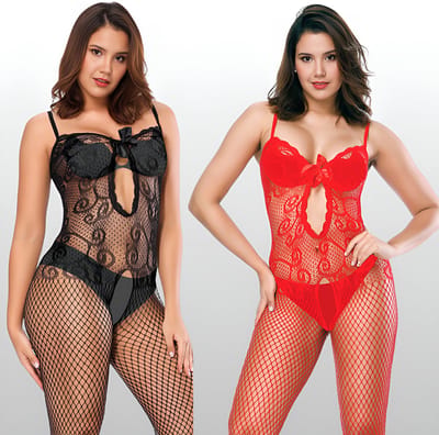 2-Pack Love Bodystockings - Kant - Zwart/Rood - Erotische Lingerie - One Size XS-M (34-38) | LS293