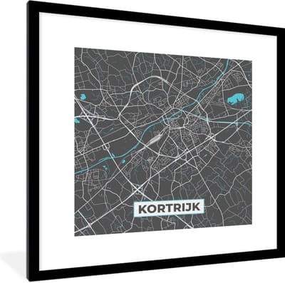 Fotolijst incl. Poster - België – Kortrijk – Stadskaart – Kaart – Blauw – Plattegrond - 40x40 cm - Posterlijst