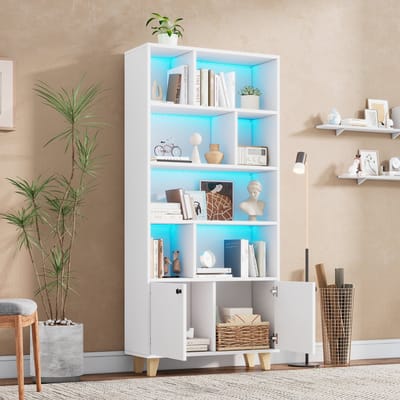 DESMIU Boekenkast - Met Ledverlichting En Dubbele Deuren - Voor Woonkamer En Werkkamer - Massief Hout En MDF - 80x30x173 Cm - Wit