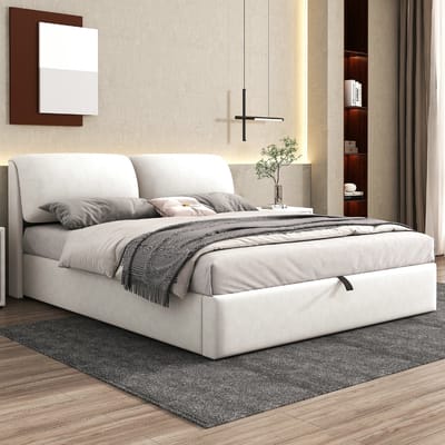 Gestoffeerd 180x200 cm, hydraulisch bed, 3 lades, opbergkast, lattenbodem met hoofdbord, fluweel, beige(Matras niet inbegrepen)