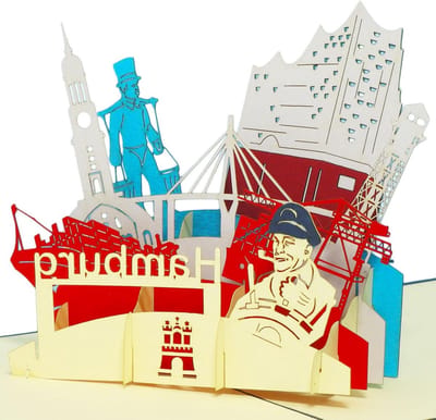 3D Pop-Up Kaart - Wenskaart Reisvoucher - Verjaardag Verrassen - Hamburg Skyline Design - 15 cm x 15 cm - Donkerblauw