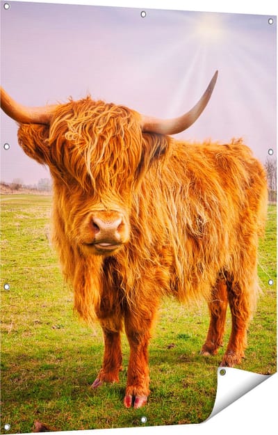 Gards Tuinposter Bruine Schotse Hooglander Koe - Kleur - 90x120 cm - Tuindoek - Tuindecoratie - Wanddecoratie buiten - Tuinschilderij
