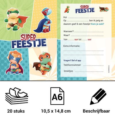 Uitnodiging kinderfeestje Super Feestje Dino - Voordeelset 20 stuks - Beschrijfbaar - Uitnodigingskaarten - Uitnodiging verjaardag - uitnodiging verjaardag feest - Uitnodiging kinderfeestje Jongen of Meisje - Uitnodigingen - Super Feestje